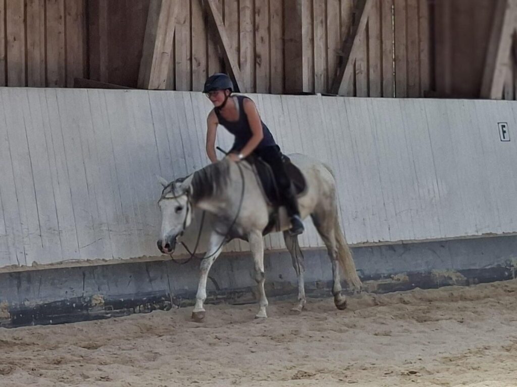 Frau reitet auf weissem Pferd im Schritt in einer Reithalle und lobt es